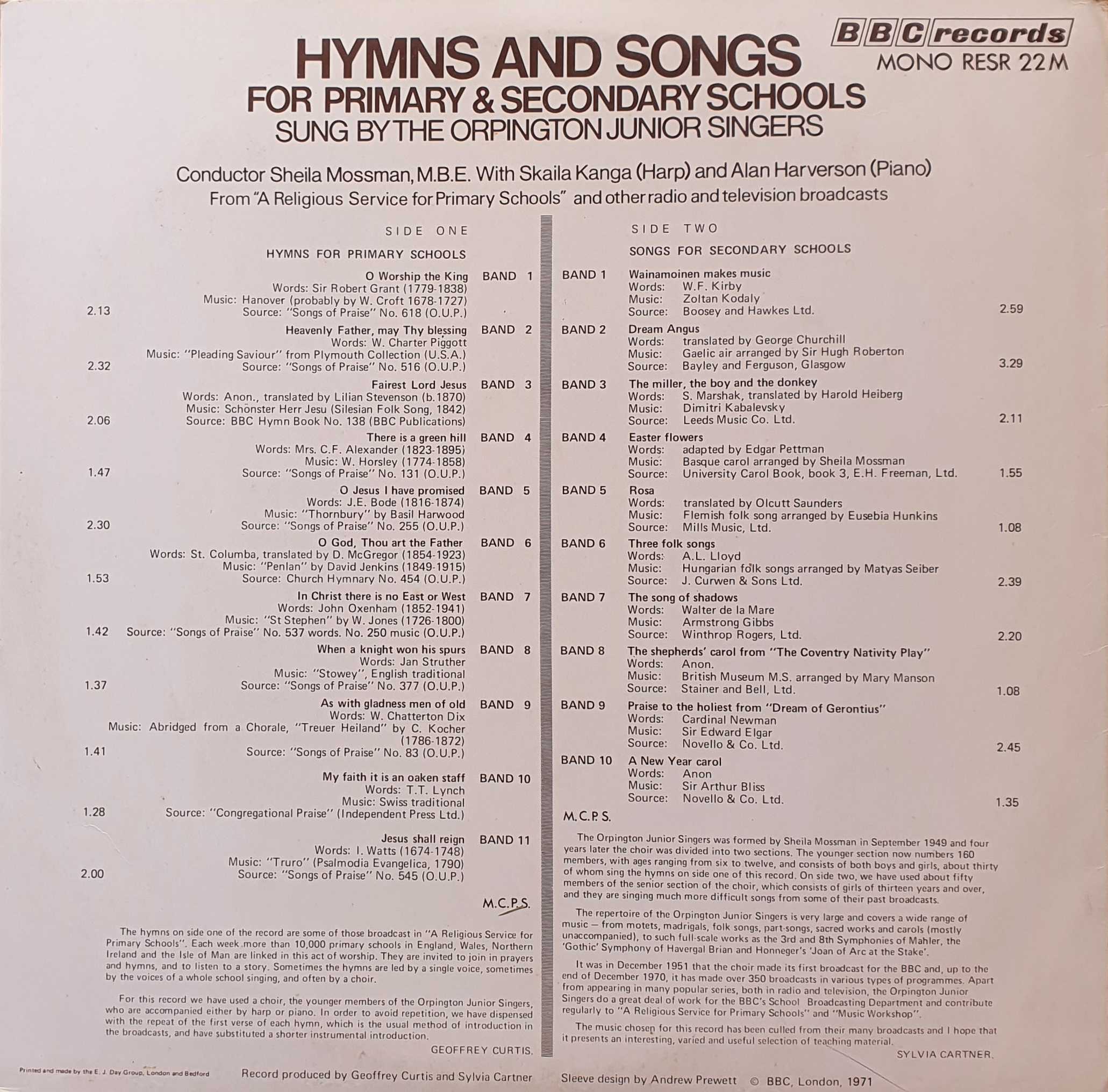 Picture of RESR 22 Hymns and songs for Primary and Secondary schools by artist Various / Oprington Junior Singers from the BBC records and Tapes library